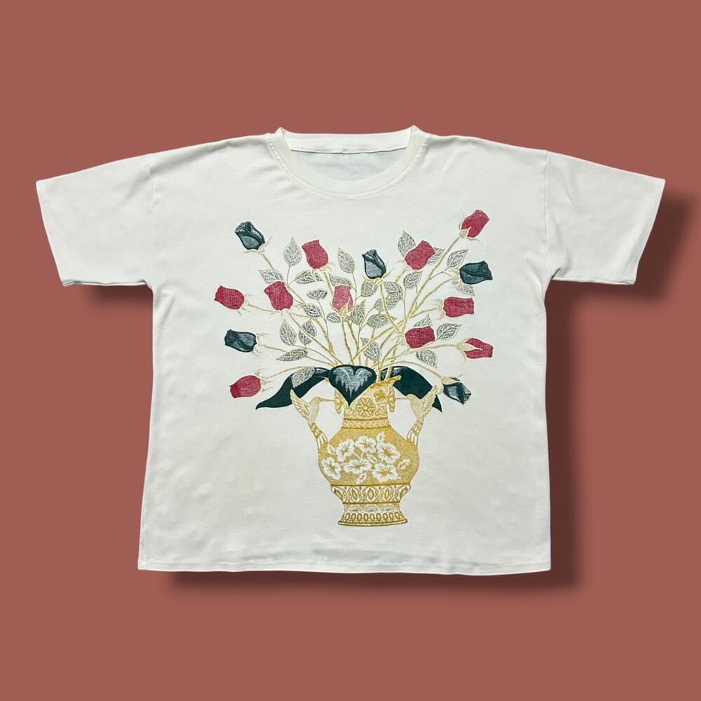 Vintage Flower Shirt Rose Art Hummingbird Vase 80s 90s Womens XL White Tee